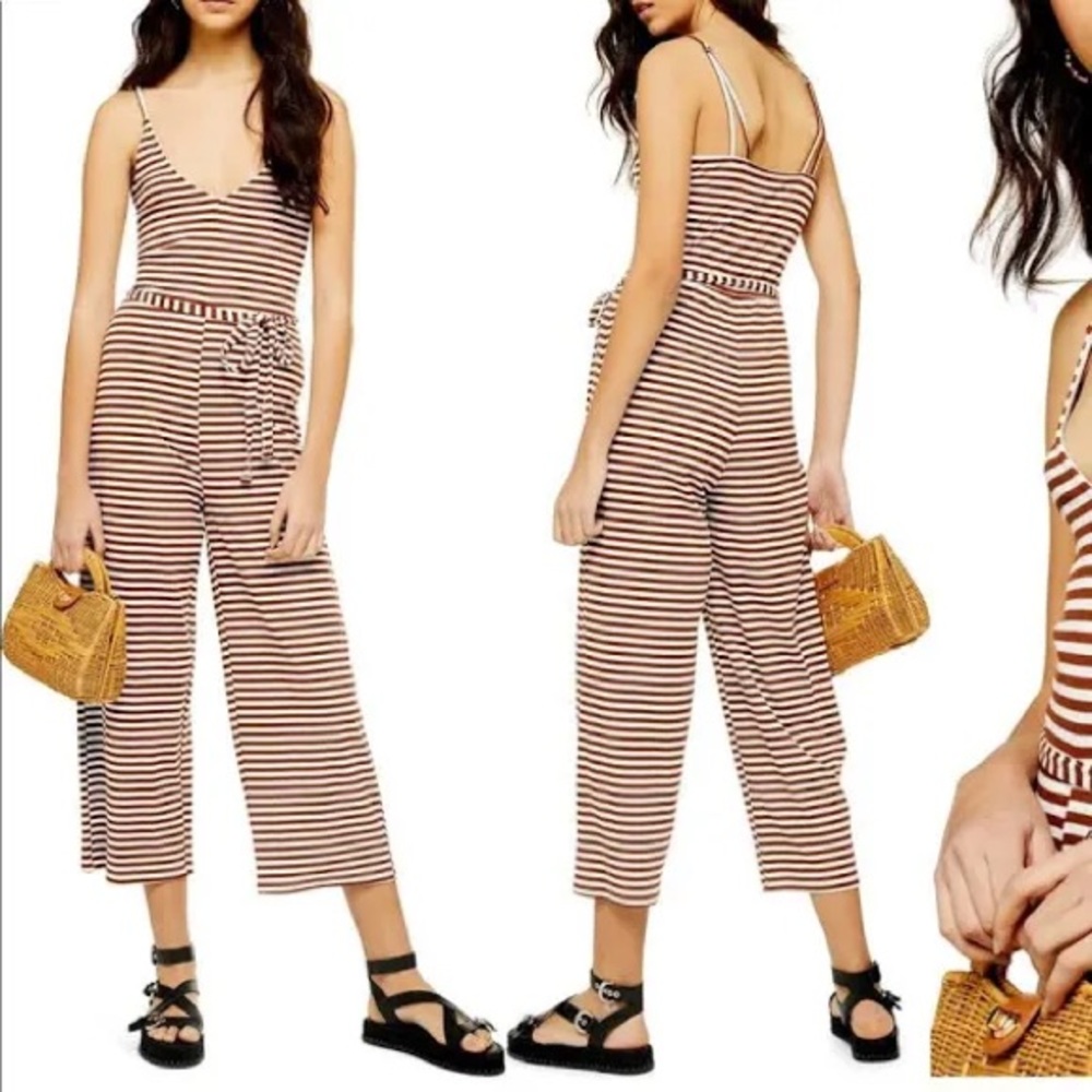 Topshop Ruth Stripe Cropped Jumpsuit Brown White Stripe Size 6